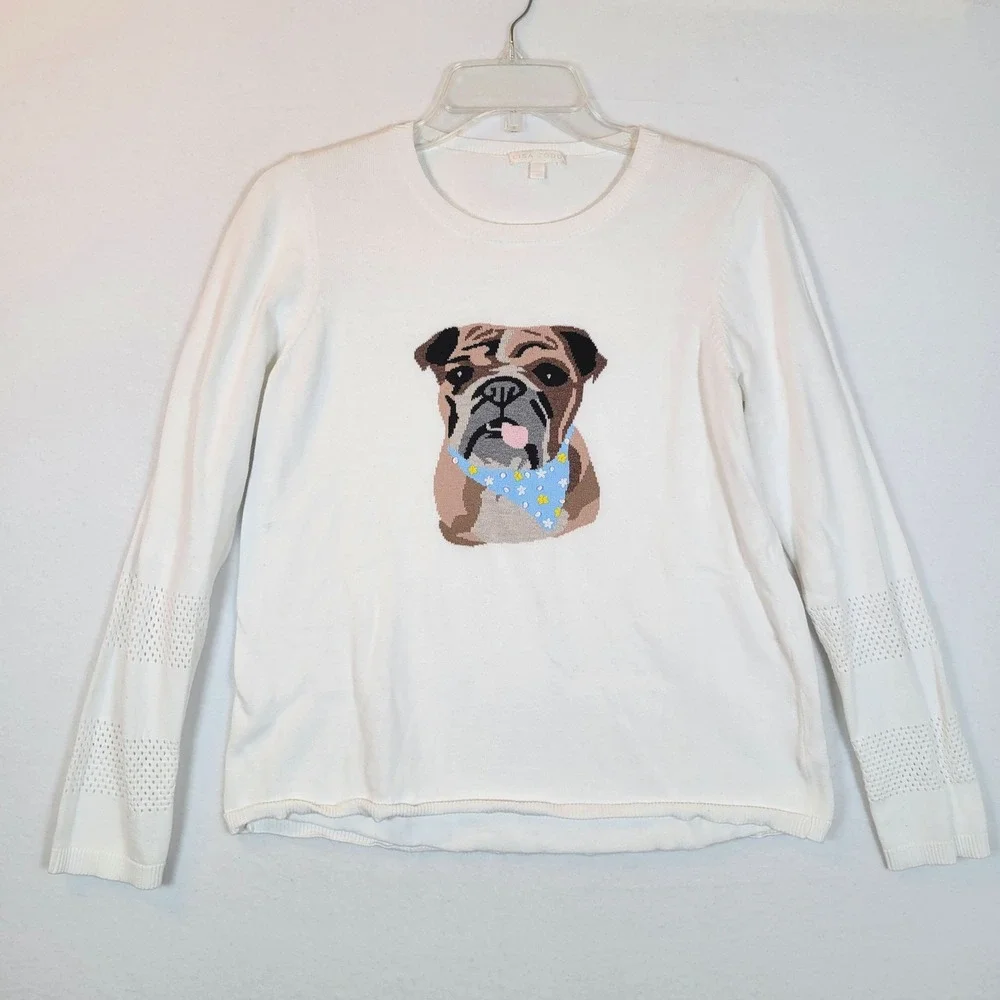 Lisa Todd Womens Bulldog Lover Knit Cotton Sweater Top Size Small White Animal - Picture 1 of 11